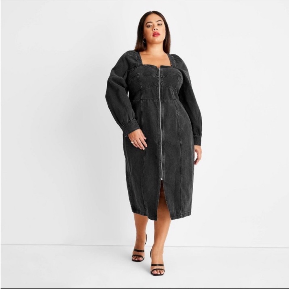 NWT Future Collective Kahlana Barfield Brown Puff Long Sleeve Denim Dress